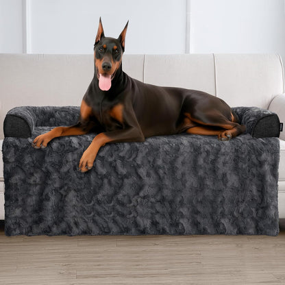 Calming Large Dog Bed for Couch, 41 x 37 inch Removable Couch Cover for Dogs Washable, Non-Slip Fluffy Plush Dog Sofa Mat for Furniture Protector - Grey