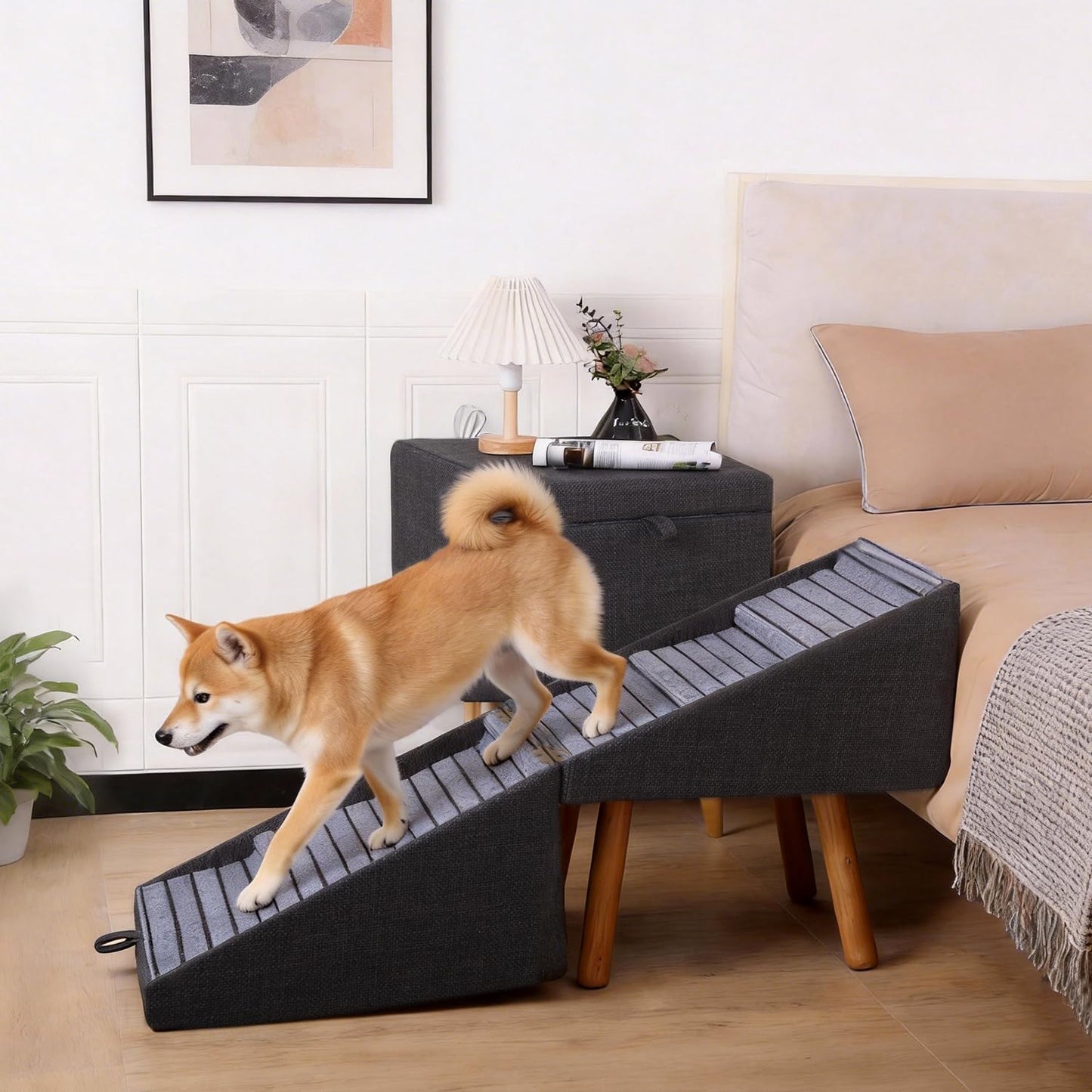 17.13" H Dog Stairs for Small Dogs, 2-in-1 Pet Steps & Ottoman - Foldable Dog Stairs for Couch, Non-Slip Wooden Pet Stairs for Puppy Senior Injured Dogs