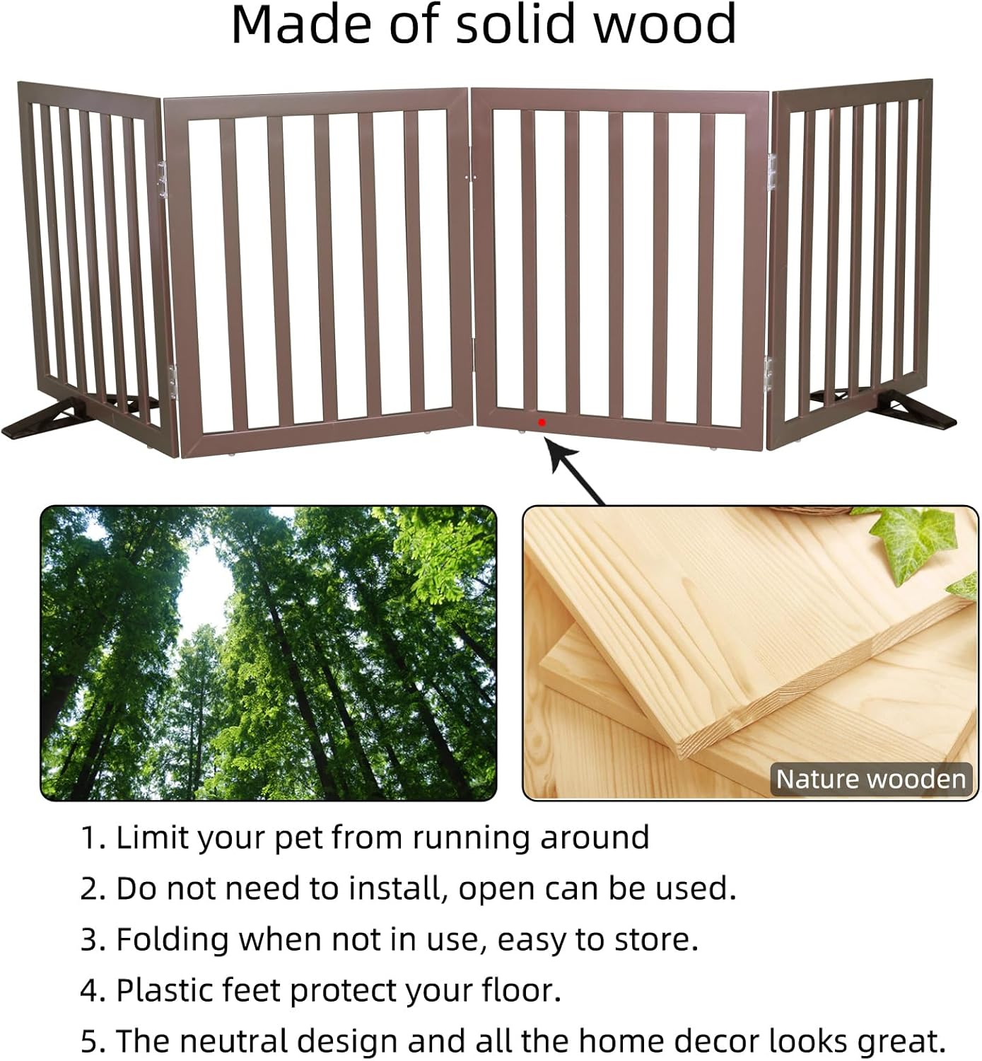 ZJSF Freestanding Indoor Dog Gate for House Foldable Wood Puppy Gate for Doorways Pet Gate for Stairs Extra Wide Pet Fence, Brown, 24" Height 3 Panels