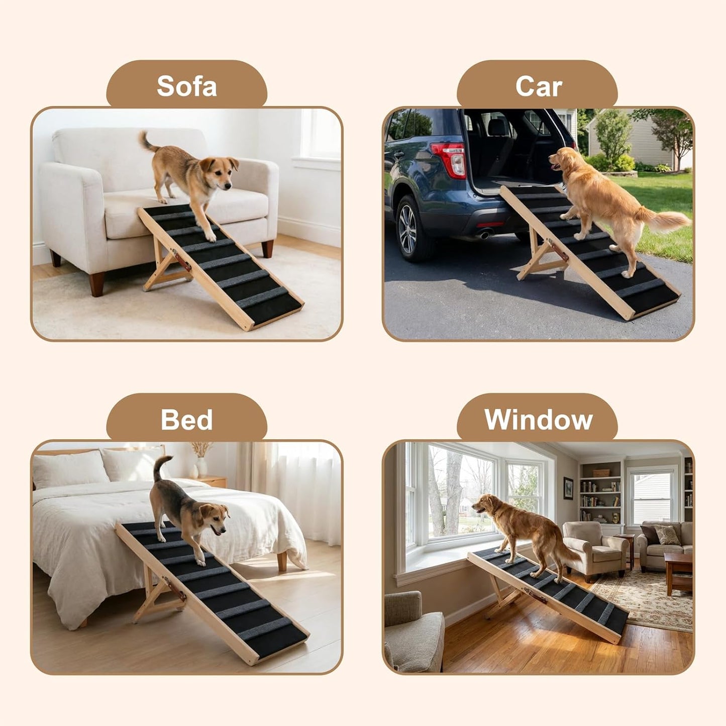 Dog Ramp for Bed, 43.5" Long Wooden Foldable Dog Ramp, 6 Adjustable Heights from 14" to 26" with Anti-Slip Traction Mat, Portable Pet Ramp for Car, Bed, Couch, Max 200lbs - 43.5inch