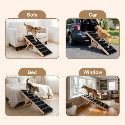 Dog Ramp for Bed, 43.5" Long Wooden Foldable Dog Ramp, 6 Adjustable Heights from 14" to 26" with Anti-Slip Traction Mat, Portable Pet Ramp for Car, Bed, Couch, Max 200lbs - 43.5inch
