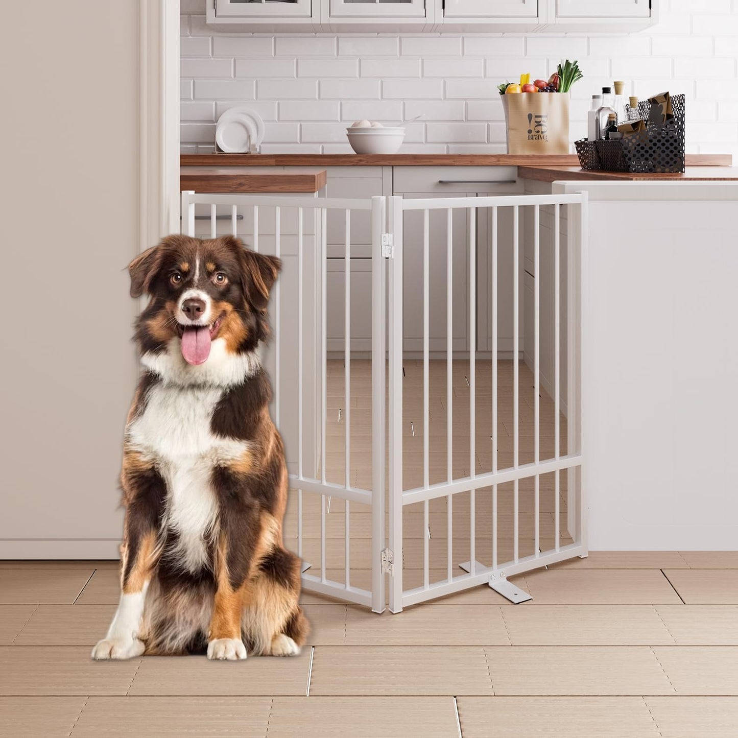 4 Panels Full Metal Freestanding Dog Gates with Door, 80” W x 32” H Folding Pet Gate Fence with Support Feet for Indoor,Stairs, Hallways and Doorways(Black)