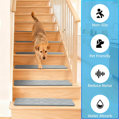 Art3d Stair Treads for Wooden Steps 15Pcs, 8" X 30" X 0.3" Non Slip Stair Runner Rugs with Reusable Adhesive for Elders Kids and Dogs, Washable Peel and Stick Stair Treads Carpet, Gray