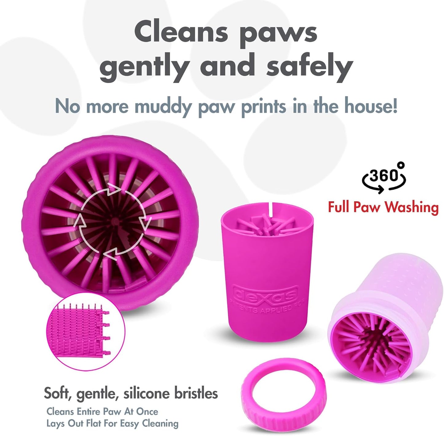 Dexas MudBuster Medium Dog Paw Cleaner in Fuchsia - Fits 1.5"-2.5" Wide Paws, Portable Paw Washer for Muddy Paws, Dog Paw Cleaning Cup with Gentle Silicone Bristles, Quick Clean Pet Paw Washer