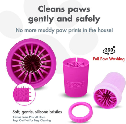 Dexas MudBuster Medium Dog Paw Cleaner in Fuchsia - Fits 1.5"-2.5" Wide Paws, Portable Paw Washer for Muddy Paws, Dog Paw Cleaning Cup with Gentle Silicone Bristles, Quick Clean Pet Paw Washer