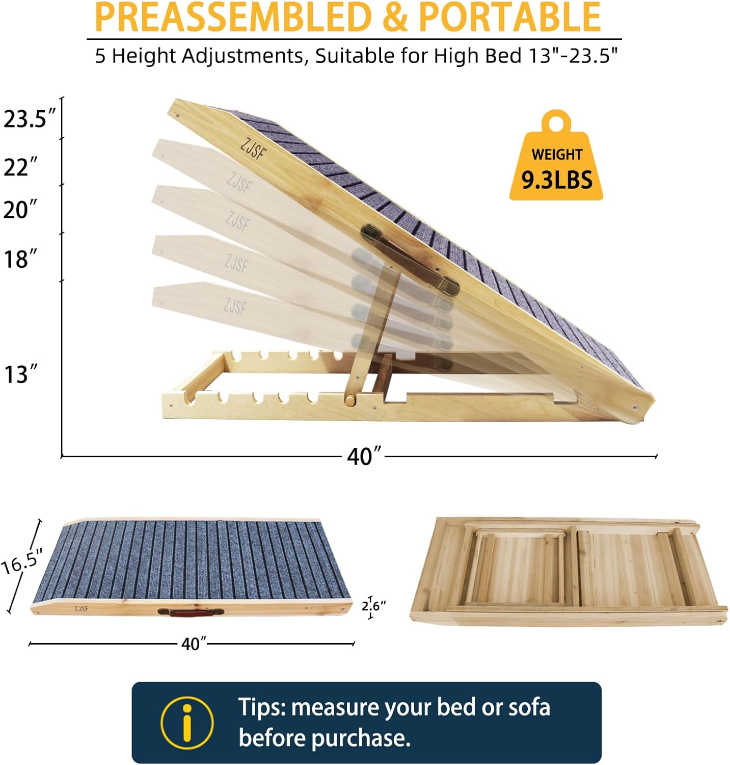 ZJSF Foldable Wooden Dog Ramp for High Bed, Dog Stairs for Small Dogs, High Traction Platform with 4 Adjustable Heights (14"-19.7"), 33", Supports up to 70 lbs