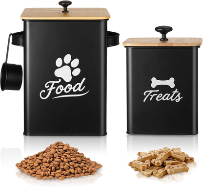 Dog Treat Container Set of 2, Dog Food Storage Containers with Airtight Lids, Metal dog treat jars for Kitchen Countertop, Pet Cookie Canister to Keep Treats Fresh, 9.4''×7.1''×9.6", Black