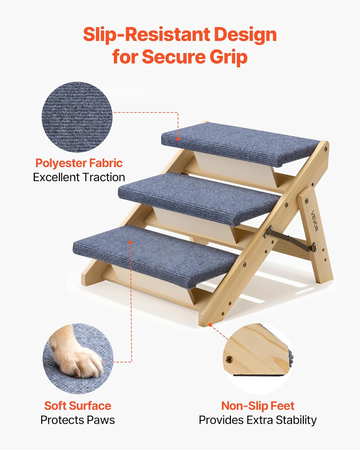 VEVOR Wood Pet Stairs, 2-Step Dog Stairs for Beds, Sofa & Cars, 110lbs Load Capacity, Floded Flat Design, Stable & Sturdy Cat & Dog Step Ladder for Small Medium Large Older Pet Puppy Essentials