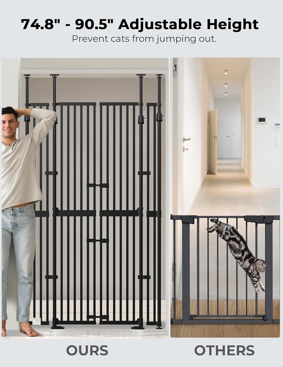 Extra Tall Cate Gate for Doorway: Pressure Mount 74.8"-90.5" Tall Cat Gate for Pets in Extra 30.3"-47.2" Width No Wall Drilling No Toddler for Indoor Stairs Hallway Room Safety Barrier