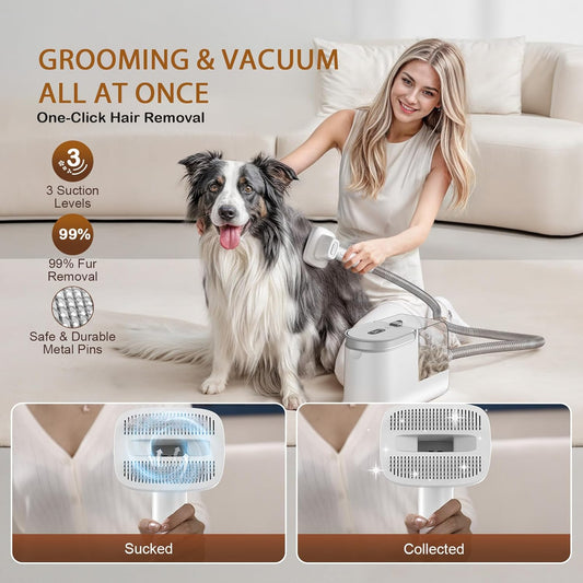 Dog Grooming Vacuum, Dog Grooming Kit with Pet Clipper Nail Grinder, 3 Suction Modes Dog Brush Vacuum with 6 Pet Grooming Tools (White)