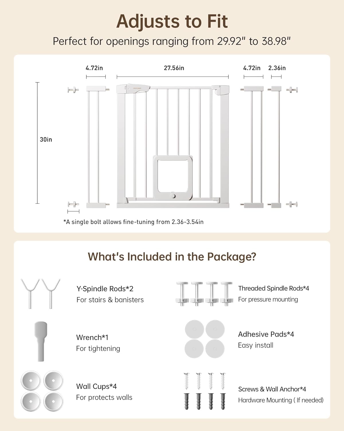 Baby Gate for Stairs, 29.92-48” Wide Pressure Mounted Baby Gate No Drill Needed, Auto Close Dog Gate for Doorways, Easy Walk Through Safety Child Gates for Toddler & Pet/Puppy, Indoor, White