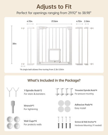 Baby Gate for Stairs, 29.92-48” Wide Pressure Mounted Baby Gate No Drill Needed, Auto Close Dog Gate for Doorways, Easy Walk Through Safety Child Gates for Toddler & Pet/Puppy, Indoor, White