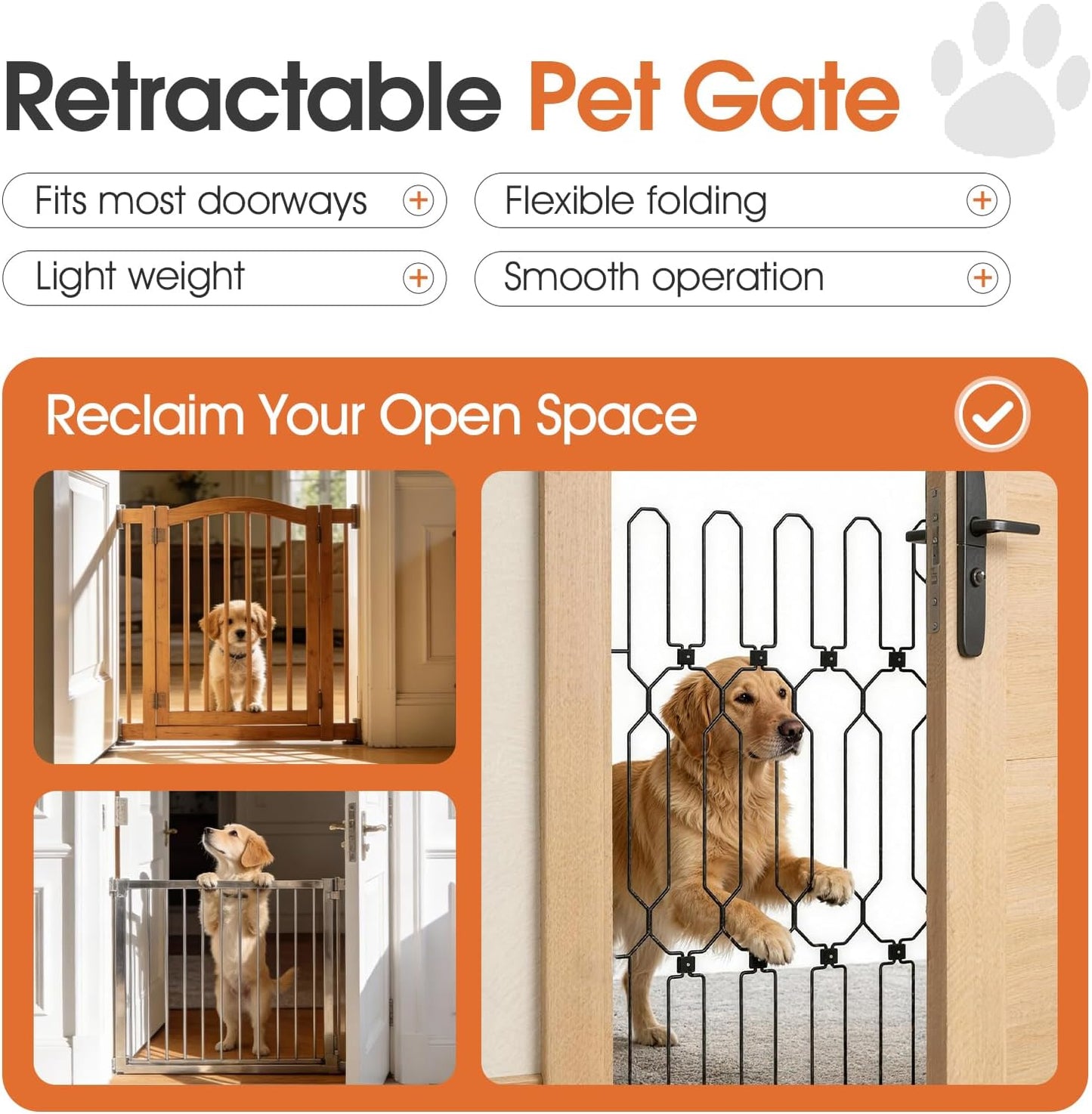 Metal Retractable Dog Gate for Front Door, Adjustable Pet Barrier & Door Blocker, Foldable Gate for Apartments, RVs, Indoor and Outdoor Use, 26” x 30”