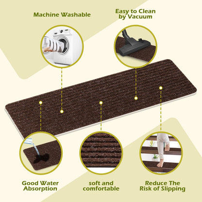 Stair Treads Non-Slip 16 Pack 8"x30" - Carpet Stair Runner for Indoor Wooden Steps with TPE Backing & Anti-Skid Surface, Reusable Adhesive Safety Rug for Kids/Elder/Pet-Friendly - Brown