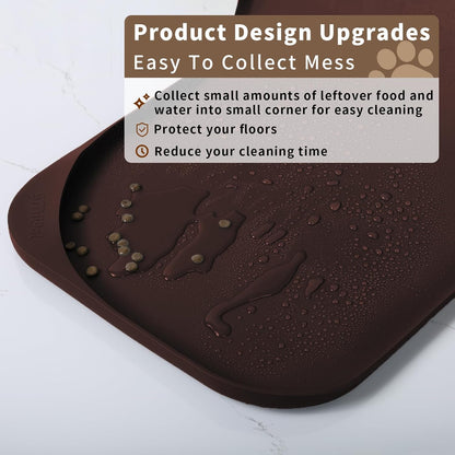 Smilool Silicone Pet Food Mat with Raised Edge for Food and Water Bowl, Dog Feeding Mats, Cat Food Trays for Floor Waterproof, Rubber Tray for Dogs and Cats, 19 x 12 x 0.7 Dark Brown