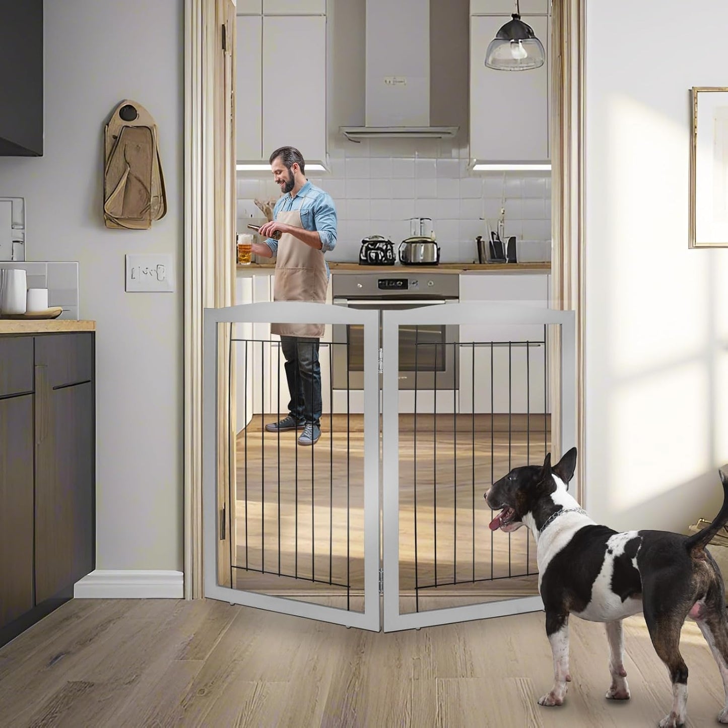 ZJSF Freestanding Foldable Dog Gate for House Extra Wide Wooden White Indoor Puppy Gate Stairs Doorways Pet Gate Tall Dog Fence 3 Panels Fence