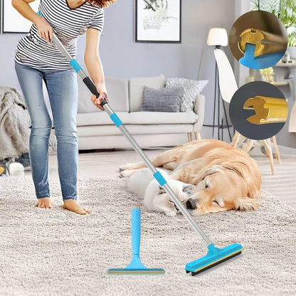 Upgraded Carpet Rake for Pet Hair Removal,2PCS Reusable Pet Hair Remover with 56” Adjustable Long Handle, 3 in 1 Rubber Broom and Carpet Brush Scraper for Rugs, Mats, Couch, Furniture