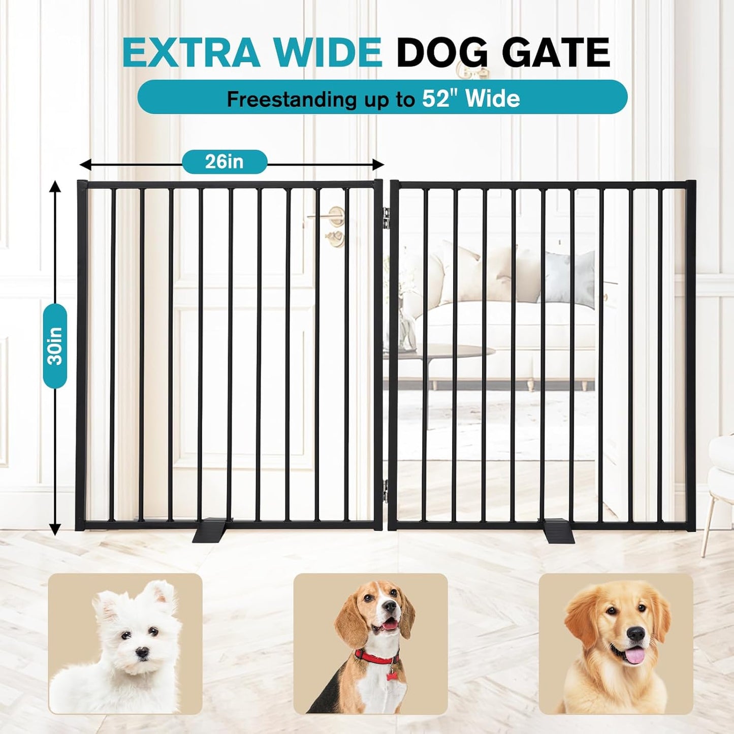 Snagle Paw Extra Wide Dog Gate,Free Standing Dog Fence with Door, Up to 104 Inch Wide Pet Gate with Support Feet for Stairs, Hallways, Doorways, Yard (Black, 4 Panels)