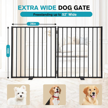 Snagle Paw Extra Wide Dog Gate,Free Standing Dog Fence with Door, Up to 104 Inch Wide Pet Gate with Support Feet for Stairs, Hallways, Doorways, Yard (Black, 4 Panels)