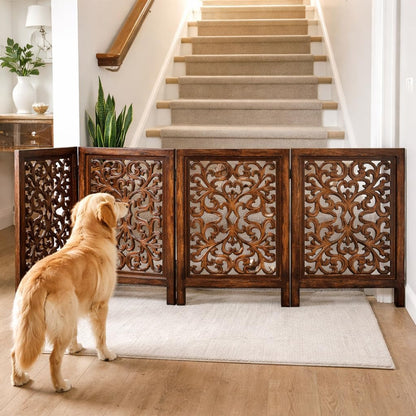 Freestanding Pet Gate for Dogs, Foldable Wooden Dog Gate for House, Indoor Dog Gate for Stair, Doorway, House Design Gates for Dogs Indoor, 72 Inch Wide, (18" x4 Panels 72 inch), Burnt Finish