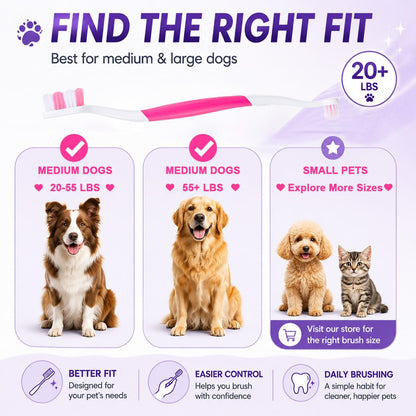 Dog Toothbrush – Newly Upgraded Dual-Head Design with 60° Wavy Bristles – Gently Surrounds Teeth for Deep Cleaning and Plaque Removal – Non-Slip Handle, Ideal for Daily Pet Dental Care (Pink, 1-Pack)