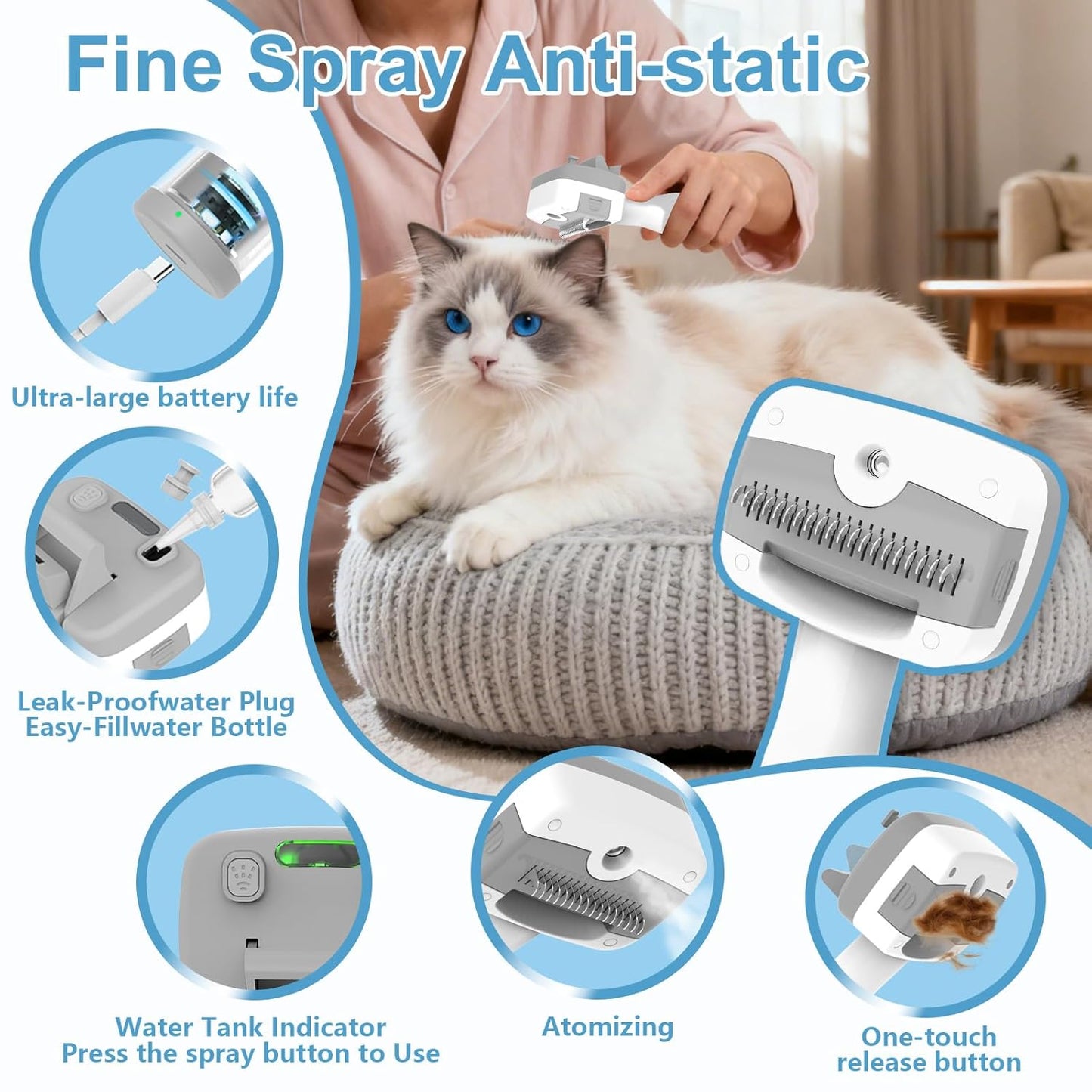 Pet Steam Brush for Dogs & Cats,5-in-1 Self-Cleaning Dog Steam Brush with 3 Swap-in Heads (Grooming, Dematting, Deshedding),Cat Spray Hair Removal Comb,Includes Pet Essence & Storage Bag