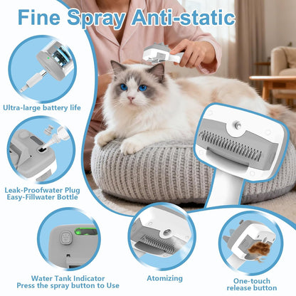 Pet Steam Brush for Dogs & Cats,5-in-1 Self-Cleaning Dog Steam Brush with 3 Swap-in Heads (Grooming, Dematting, Deshedding),Cat Spray Hair Removal Comb,Includes Pet Essence & Storage Bag