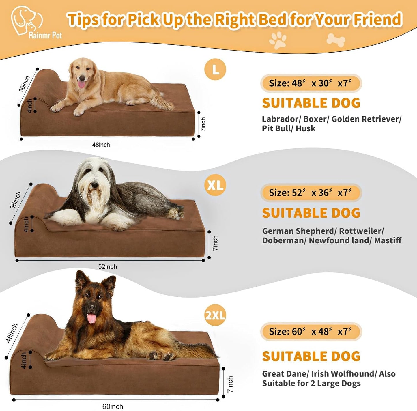 Rainmr Orthopedic Dog Beds for Large Dogs, 7" Memory Foam Dog Beds with Waterproof Liner, Durable Microsuede Cover, Removable and Washable, Nonskid Bottom, 48"x30"x7" L Grey