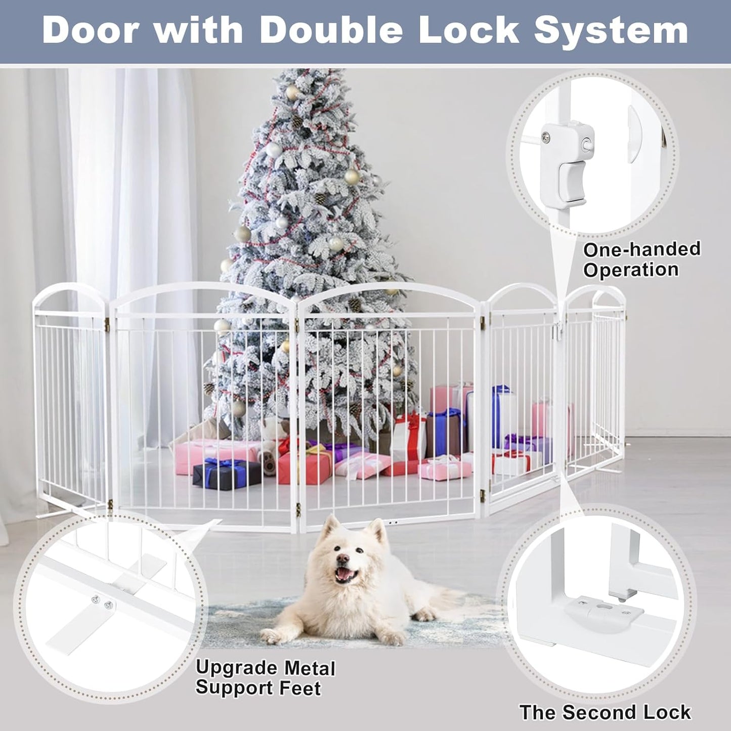 Full Metal Free Standing Dog Gate with Door for Indoor & Outdoor,96'' Extra Wide 32'' Tall Dog Gate for The Doorways,Large Openings,Decks,Porch,Pet Freestanding Safety Fence(4 Panels,Black)