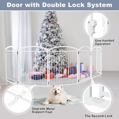 Full Metal Free Standing Dog Gate with Door for Indoor & Outdoor,96'' Extra Wide 32'' Tall Dog Gate for The Doorways,Large Openings,Decks,Porch,Pet Freestanding Safety Fence(4 Panels,Black)