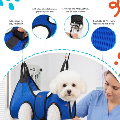 Dog Grooming Hammock Harness, Hanging Sling Restraint for Nail Clipping Small to Medium Dogs & Cats, with Nail Clipper and Comb Pet Grooming Hammock Kit-Large