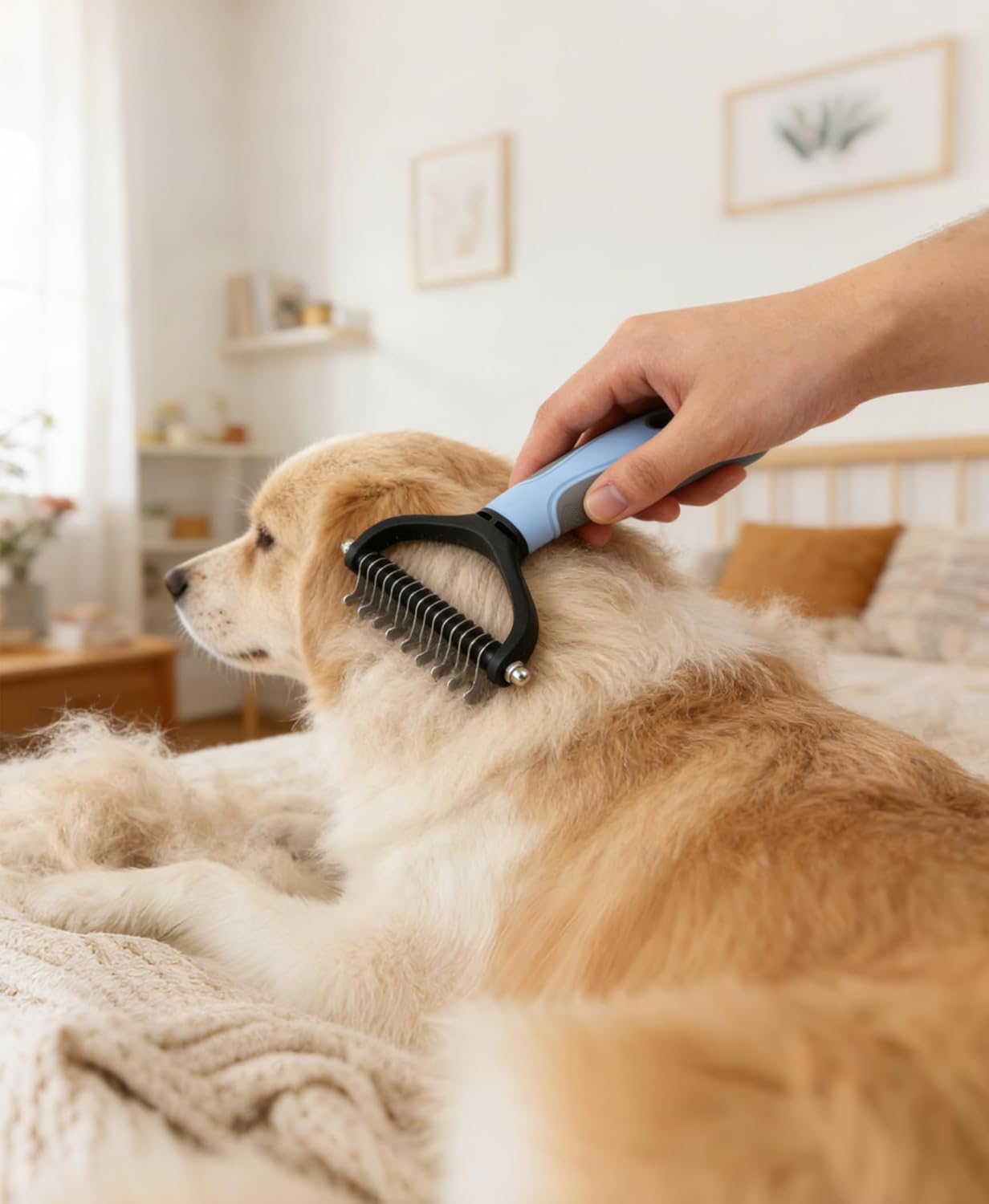Double Row Undercoat Rake for Dogs & Cats - Wooden Handle Metal Dog Comb, Pet Grooming Dog Rake for Deshedding & Detangling