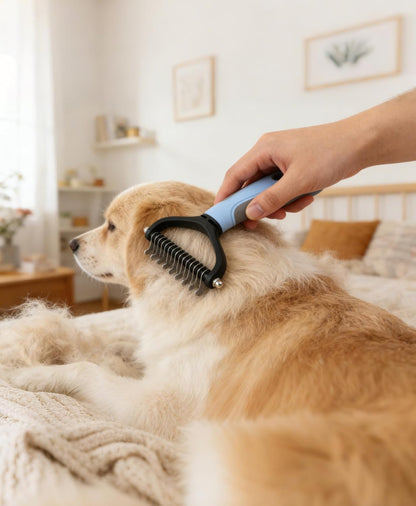 Double Row Undercoat Rake for Dogs & Cats - Wooden Handle Metal Dog Comb, Pet Grooming Dog Rake for Deshedding & Detangling