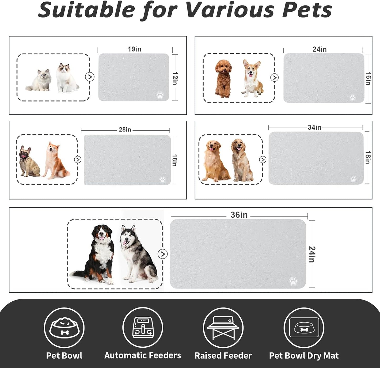 HotLive Dog Food Mat - Absorbent Cat Mat for Food and Water, No Stains Pet Feeding Bowl Mat, Easy to Clean Pet Placemats, Quick Dry Dog Water Dispenser Mat for Messy Drinkers | Paw Dark Grey 12"x 19"