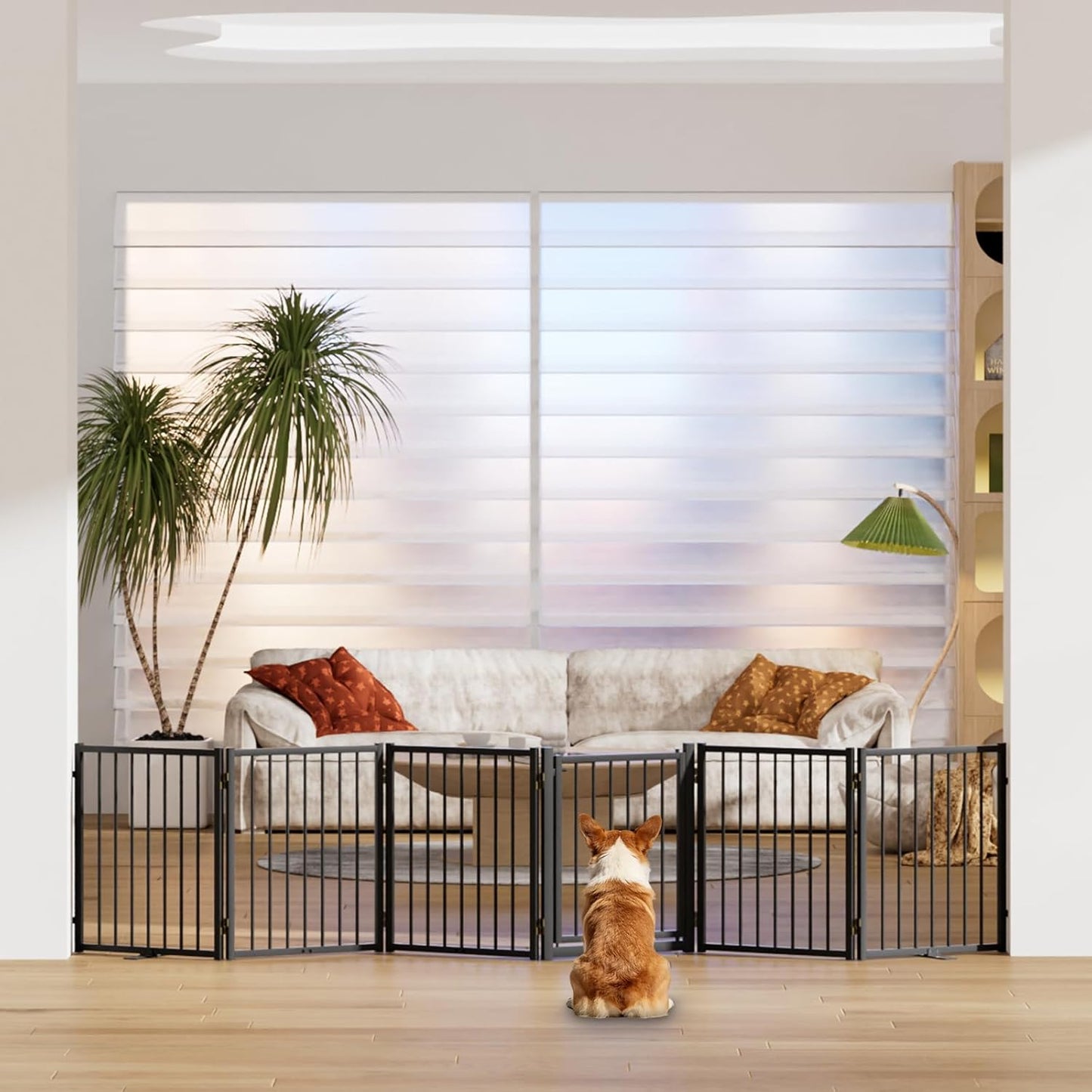 SNUOWU Full Metal Freestanding Dog Gate with Door, 32''Height Foldable Pet Dog Fence for Indoor & Outdoor, 4 Panels Extra Wide Free Standing TallDog Gates for Doorways,House,Stairs,Porch,Deck,Yard