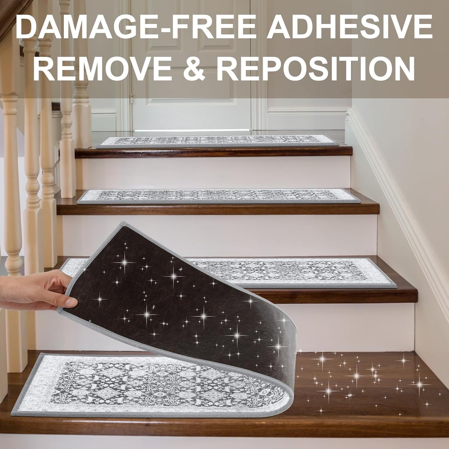 Non Slip Stair Treads for Wooden Steps Indoor, Dark Grey, 15pcs, 30"X8", Soft Carpet Mat, Machine Washable Boho Carpet Treads with Reusable Adhesive Backing, Safety Stair Tread for Dogs, Kids, Elders