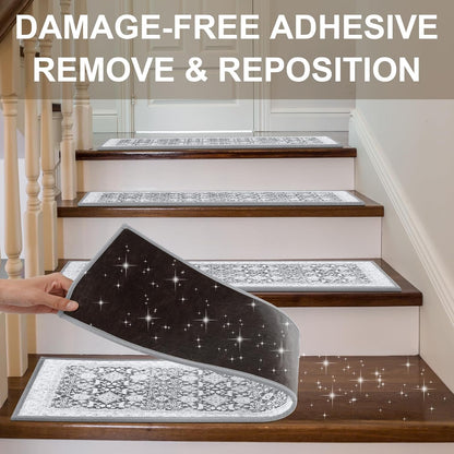 Non Slip Stair Treads for Wooden Steps Indoor, Dark Grey, 15pcs, 30"X8", Soft Carpet Mat, Machine Washable Boho Carpet Treads with Reusable Adhesive Backing, Safety Stair Tread for Dogs, Kids, Elders
