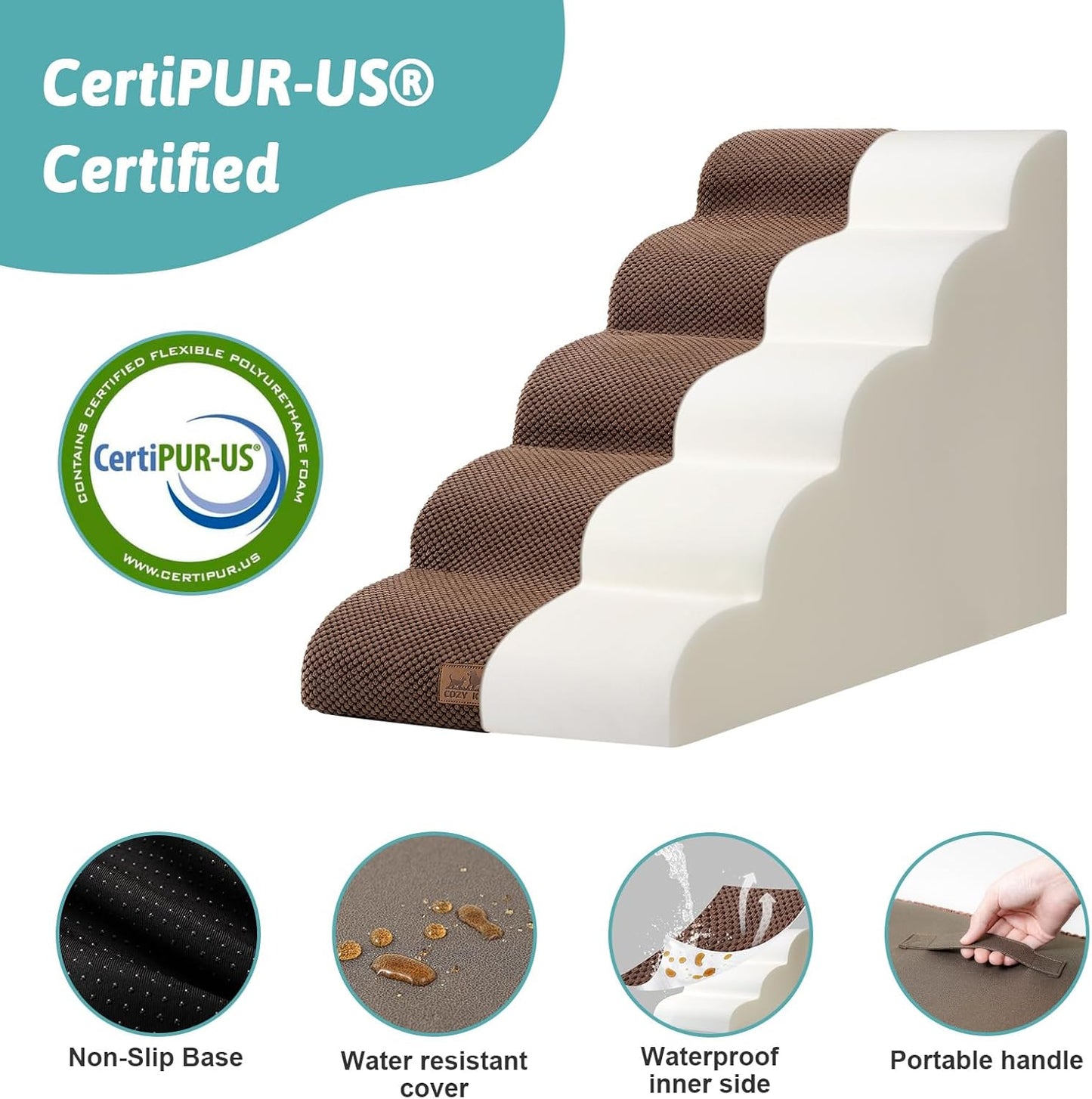COZY KISS Dog Stairs for Small Dogs 15.7" H, Curved Dog Step for Puppy, Older Cat, Medium Pet Ramp for Sofa, Couch or Chair, Ladder with High Density Foam, 3 Step, 15.7x22.4x15.7 inch, Beige