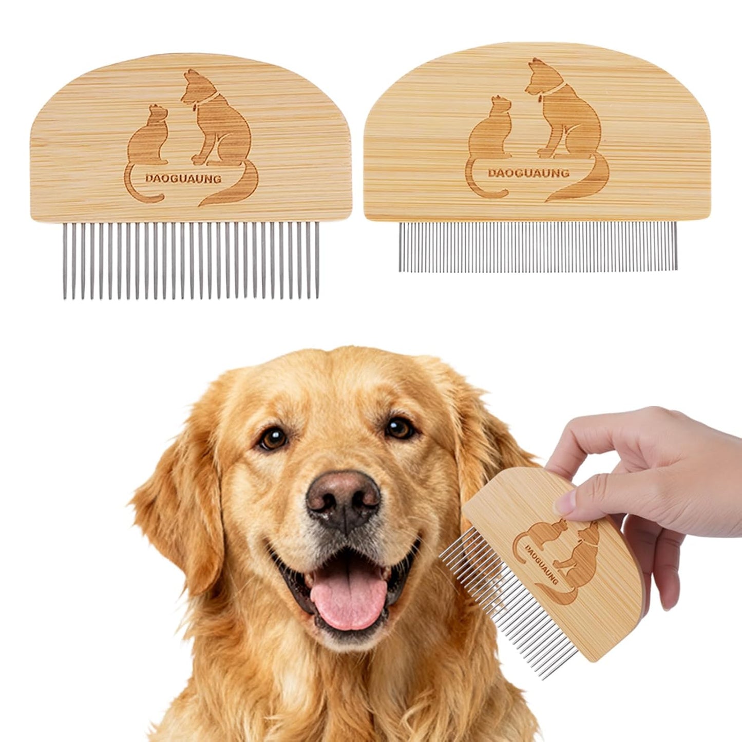 Pet Grooming Combs for Dogs Cats, 2 Pack Bamboo Combs with Wide Fine Teeth for Shedding, Detangling, Flea Removal and Daily Care