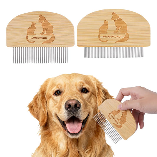 Pet Grooming Combs for Dogs Cats, 2 Pack Bamboo Combs with Wide Fine Teeth for Shedding, Detangling, Flea Removal and Daily Care