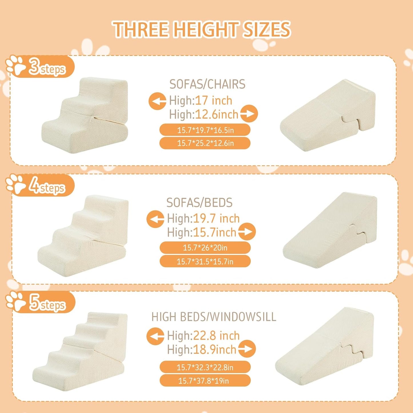 Dog Ramp for Bed, 23" H Dog Stairs for High Bed, 2 in 1 Pet Steps for Small Dogs, 5-Step Foldable Transformable Large Cats Ramp to Get on Couch, Non-Slip Balanced, Grey