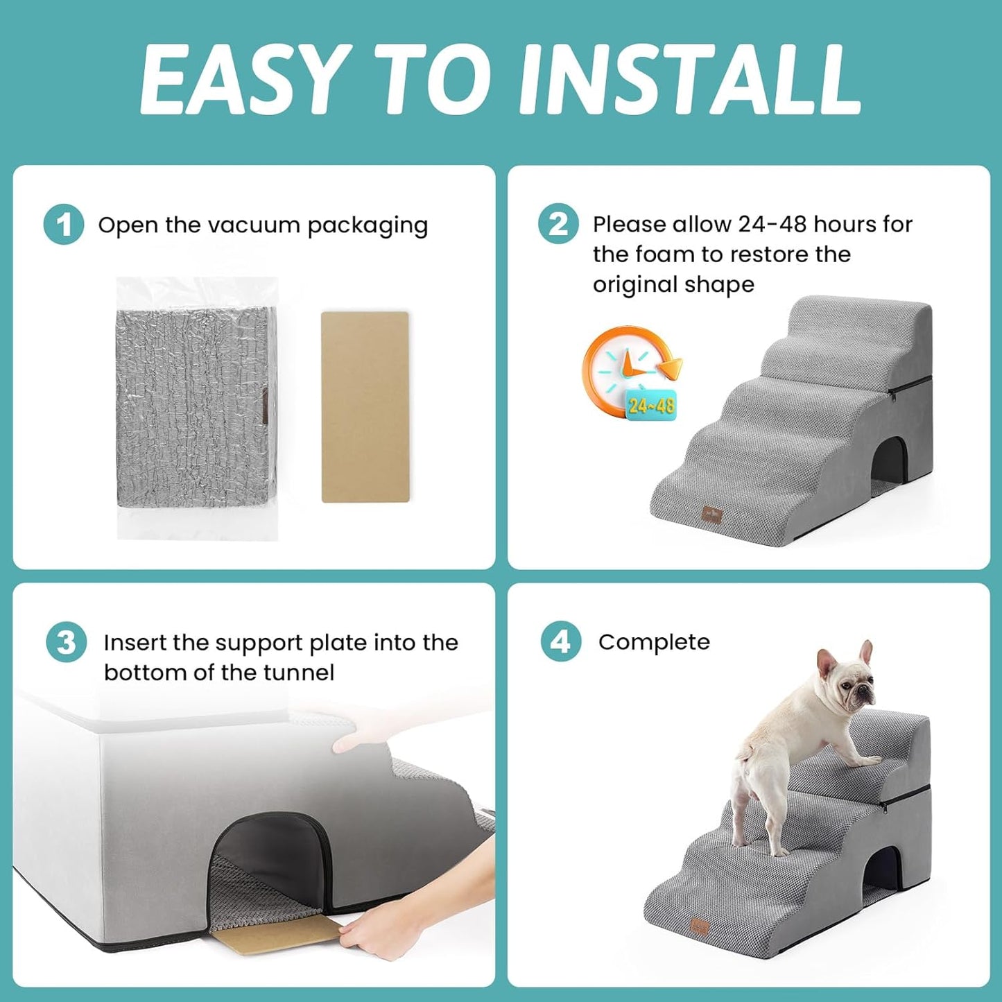 COZY KISS Extra Wide Dog Stairs with Tunnel, Foam Detachable Large Dog Step for Small Pet, Puppy or Cats, Medium Pet Ramp for High Bed, Couch, Sofa or Car, 19.7x33x22.4 inch, 5 Step, Beige