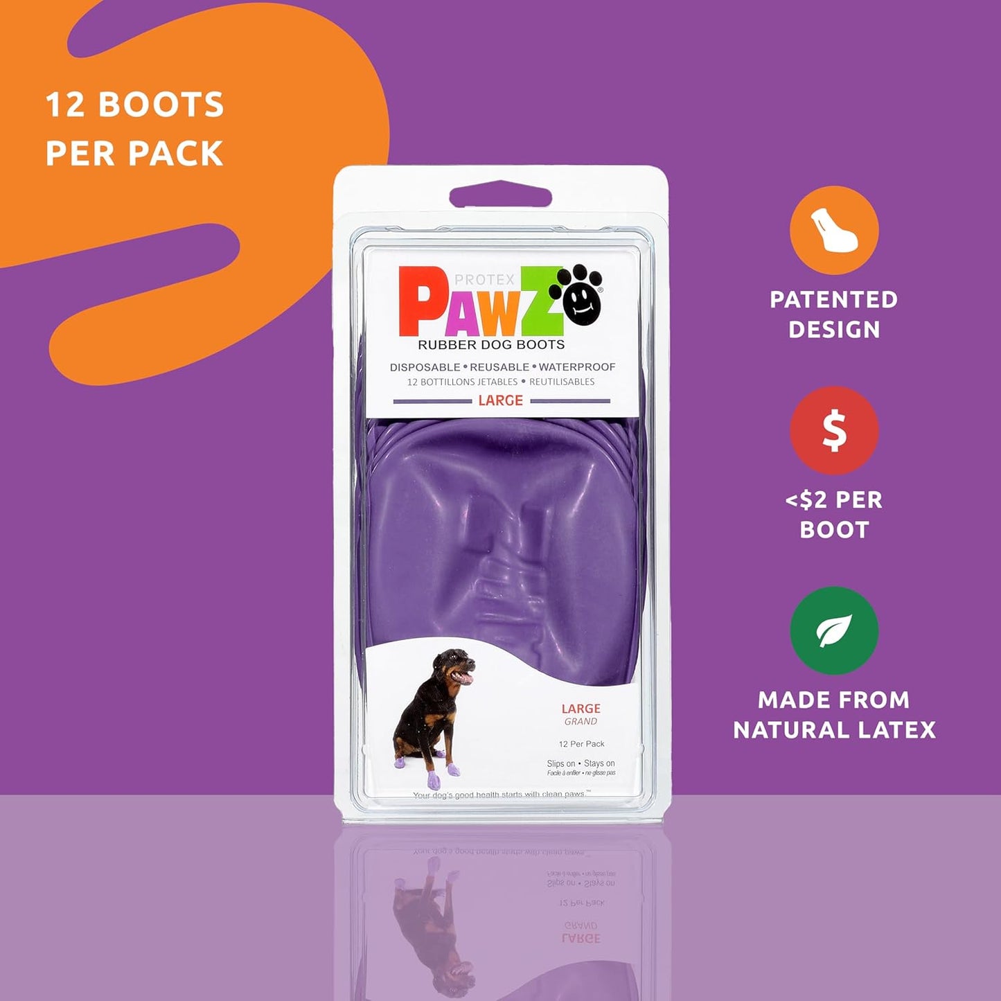 PawZ Rubber Dog Boots for Large Paws - All-Weather Waterproof Dog Shoes, Anti-Slip Traction for Rain, Snow, Mud & Hot Pavement - Pull-On Dog Booties, Purple - Large (3"- 4") - Pack of 24
