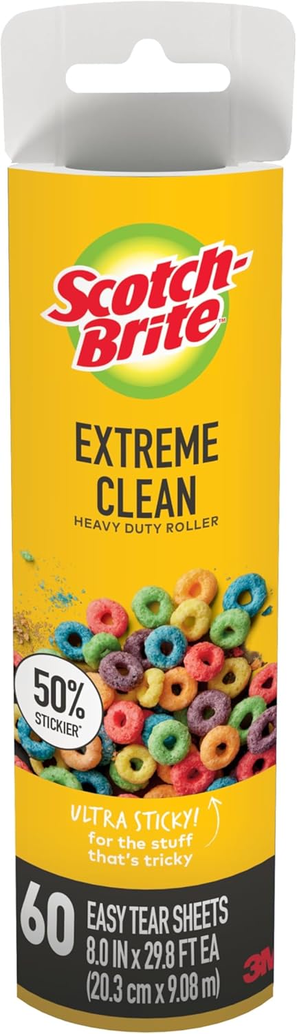Scotch-Brite Extreme Clean Large Lint Roller, 50% Stickier*, Heavy Duty for Removing Debris and Pet Hair on Clothes, Furniture, Cars, Offices & More, 1 Pack, 60 Adhesive Sheets Total