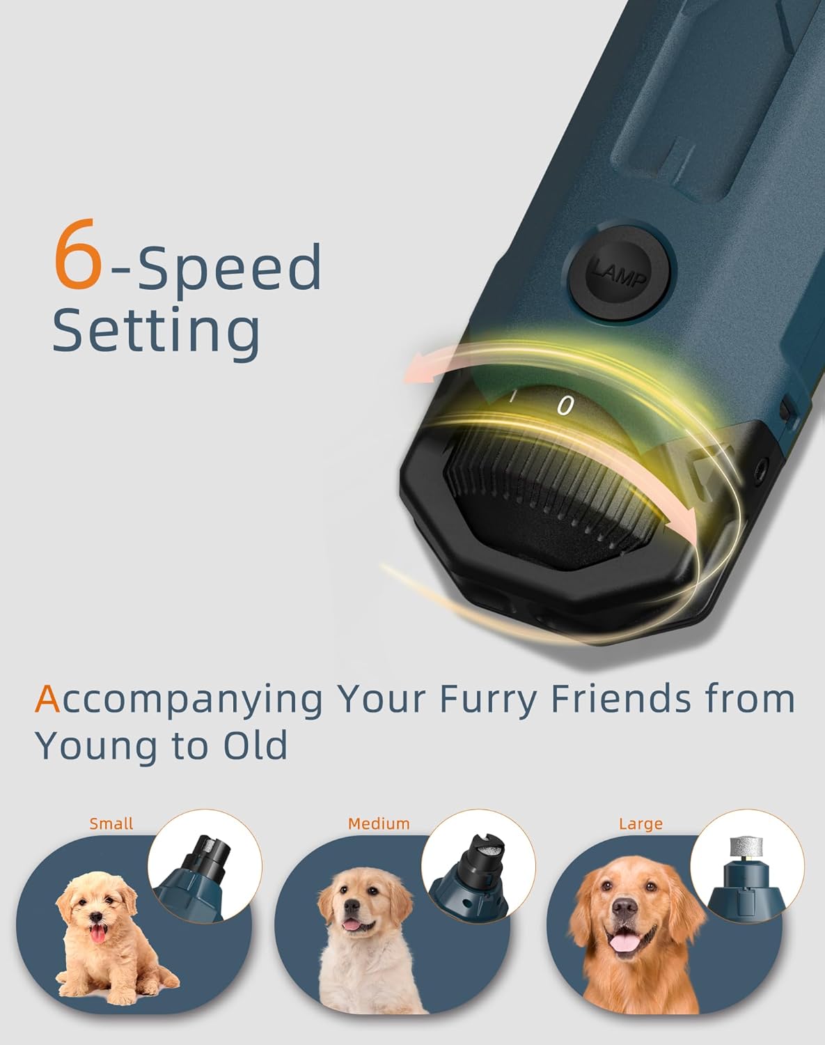 6-Speed Dog Nail Grinder & 3 Grinding Heads Super Quiet 45dB with 2 LED Lights 12000RPM Pet Nail Grinder& 3 Grinding Ports Dog Nail Trimmer for Large Medium Small Dogs with Dust Cap