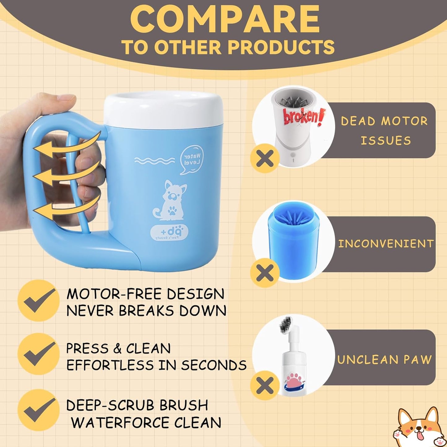 Medium Pet Paw Cleaner Cup - Easy Press Design Dog Foot Washer with Soft Massage Brush & Absorbent Towel - Reusable Durable Paw Cleaning Cup for Dogs Cats, Easy to Clean Handheld Bath Tool