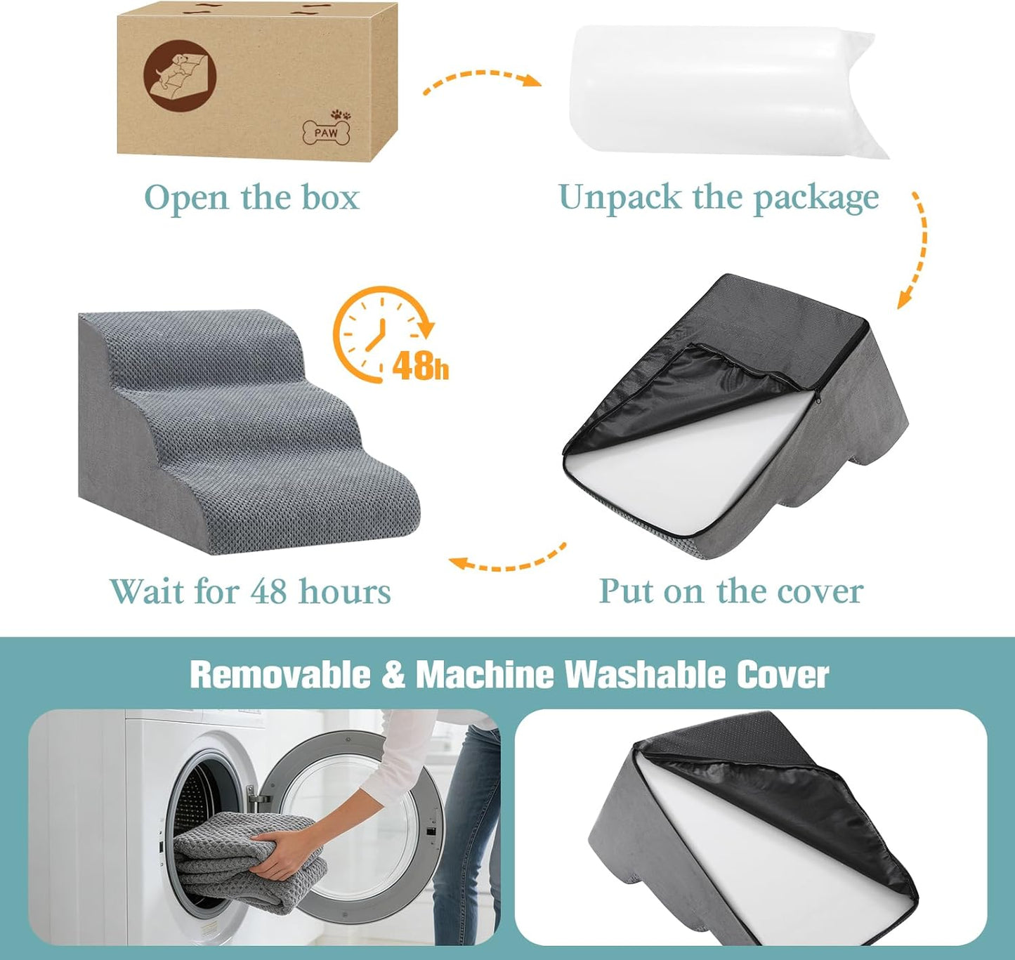Dog Stairs for Small Dogs, 2-Step Dog Steps for Couch Sofa and Chairs, High-Density Foam Pet Steps Ramp with Removable Washable Cover for Older Injured Puppy Dogs and Cats, 11.81" H, Grey