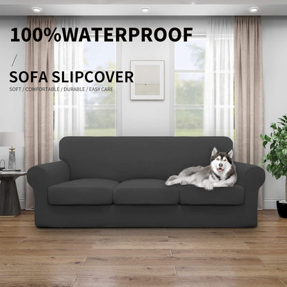 Easy-Going 100% Dual Waterproof 4 Pieces Stretch Soft Couch Cover for Dogs, Sofa Slipcover for 3 Separate Cushion Couch Leakproof Furniture Protector for Kids, Pets Dark Gray