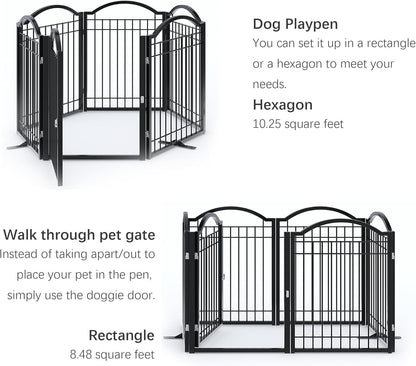 BHG Metal No-Assembly Freestanding Dog Gate with Door Walk Through, Extra Wide 144", Extra Tall 32" Pet Gate, Accordion Puppy Folding Playpen Dog Fence, with 2PCS Support (Black, 6 panesl)