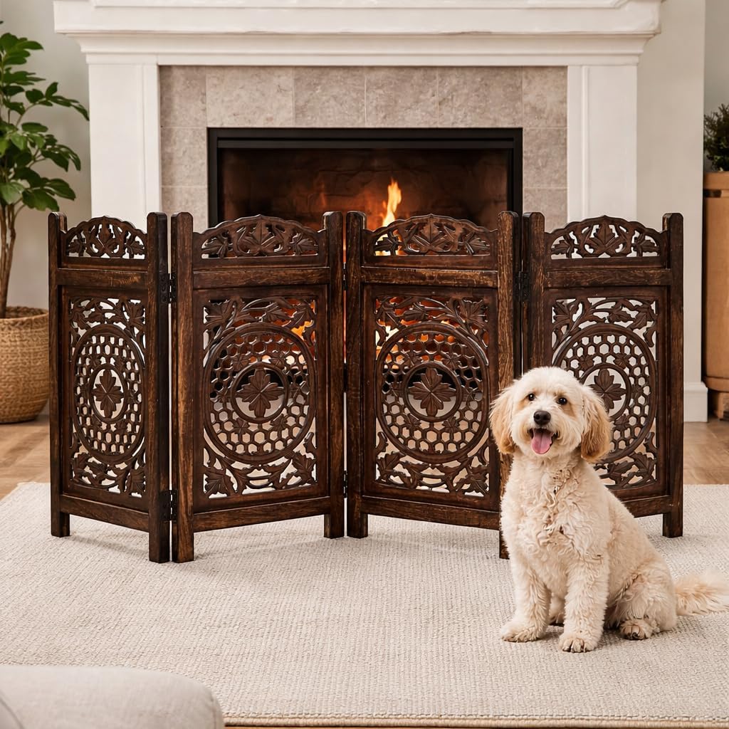 Freestanding Pet Gate for Dogs, Foldable Wooden Dog Gate for House, Indoor Dog Gate for Stair, Doorway, House Design Gates for Dogs Indoor, 72 Inch Wide, (18" x4 Panels 72 inch), Burnt Finish